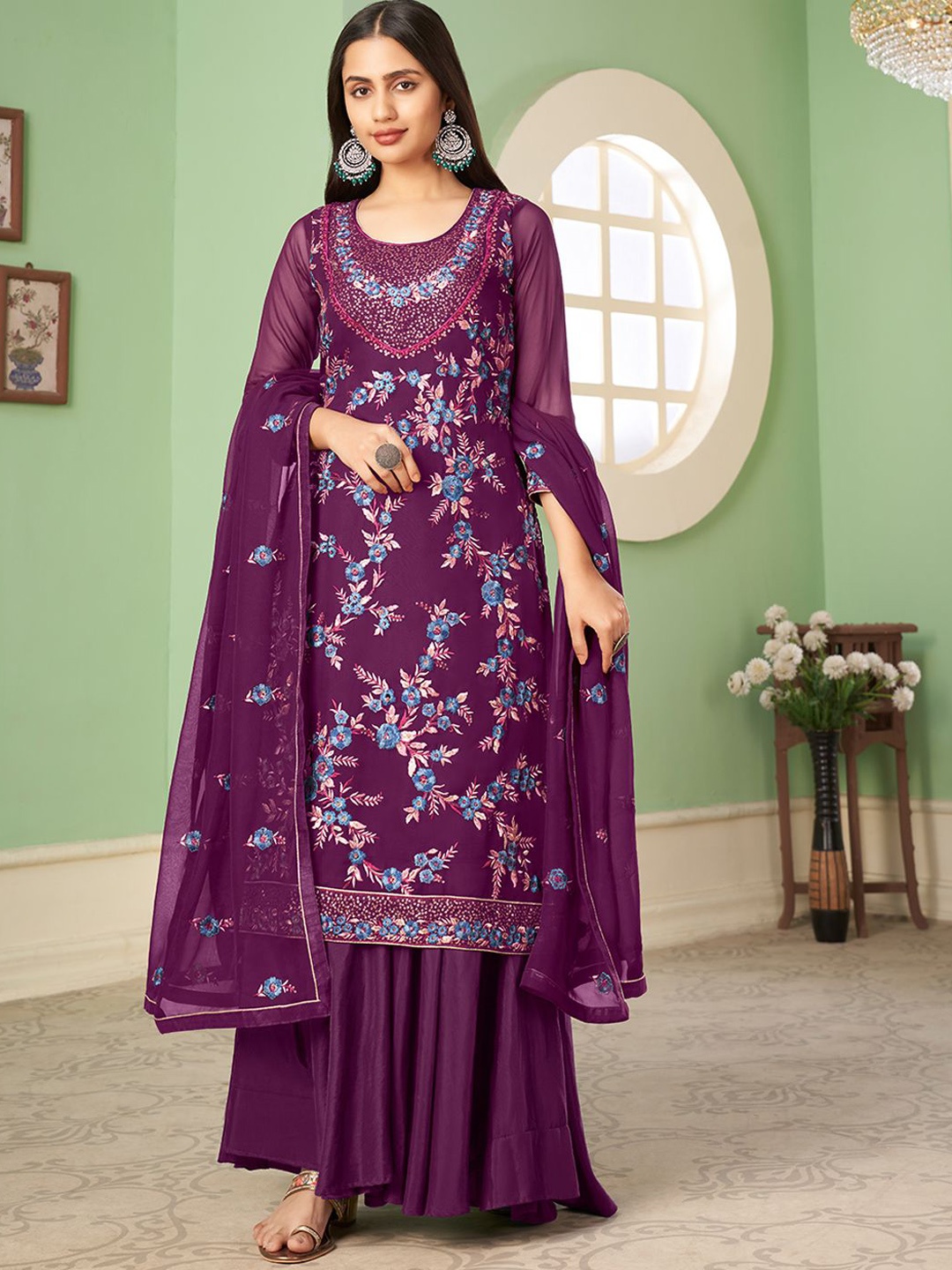 

ALIZEH Floral Embroidered round Neck Kurta With Sharara And Dupatta, Magenta