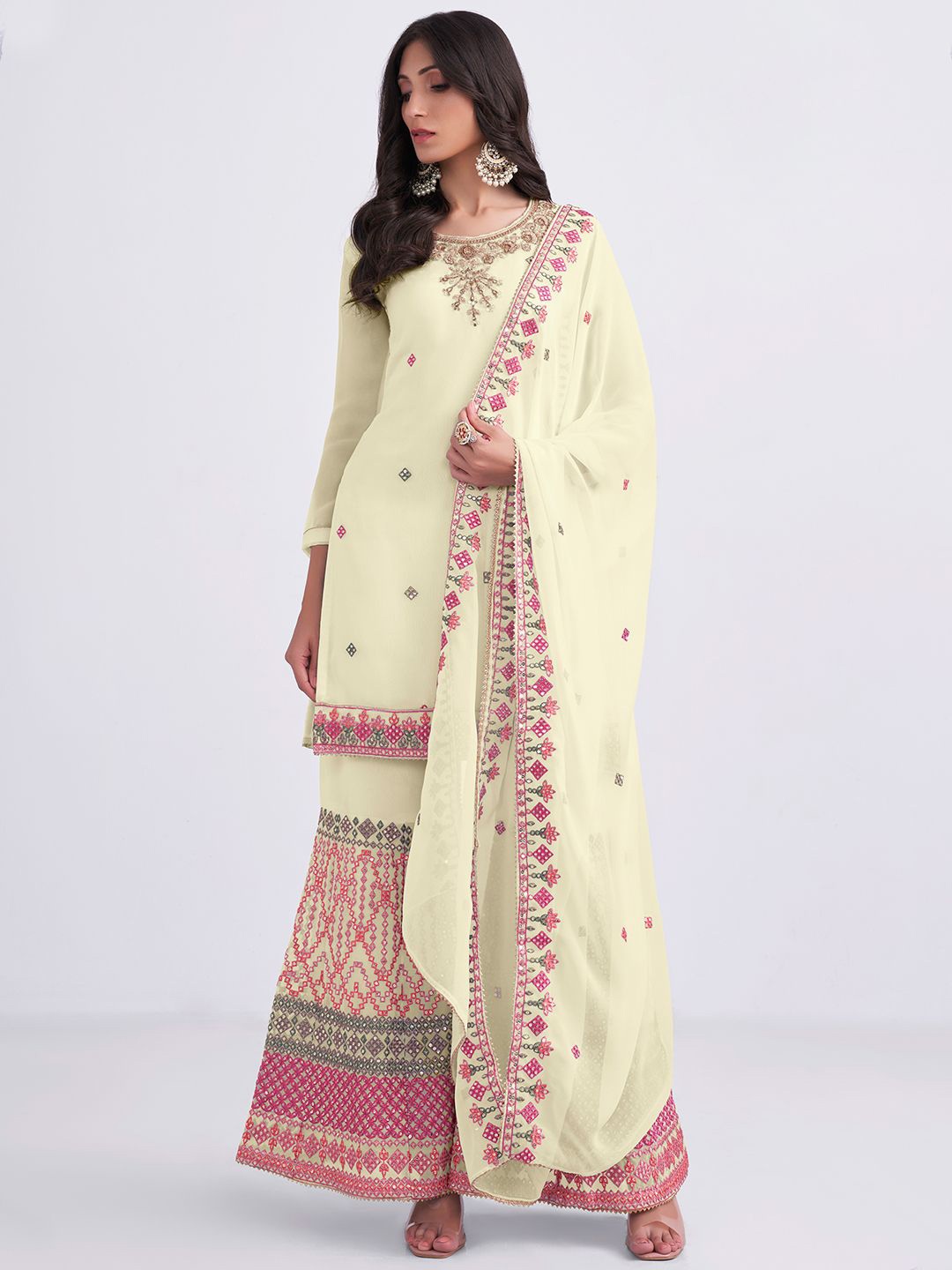 

ALIZEH Embroidered Georgette Short Kurta With Sharara And Dupatta, Yellow