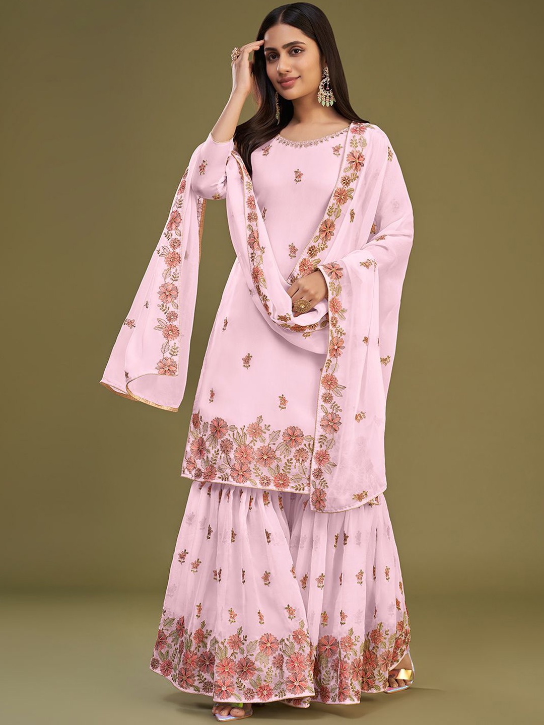 

ALIZEH Floral Embroidered Georgette Kurta With Sharara And Dupatta, Pink