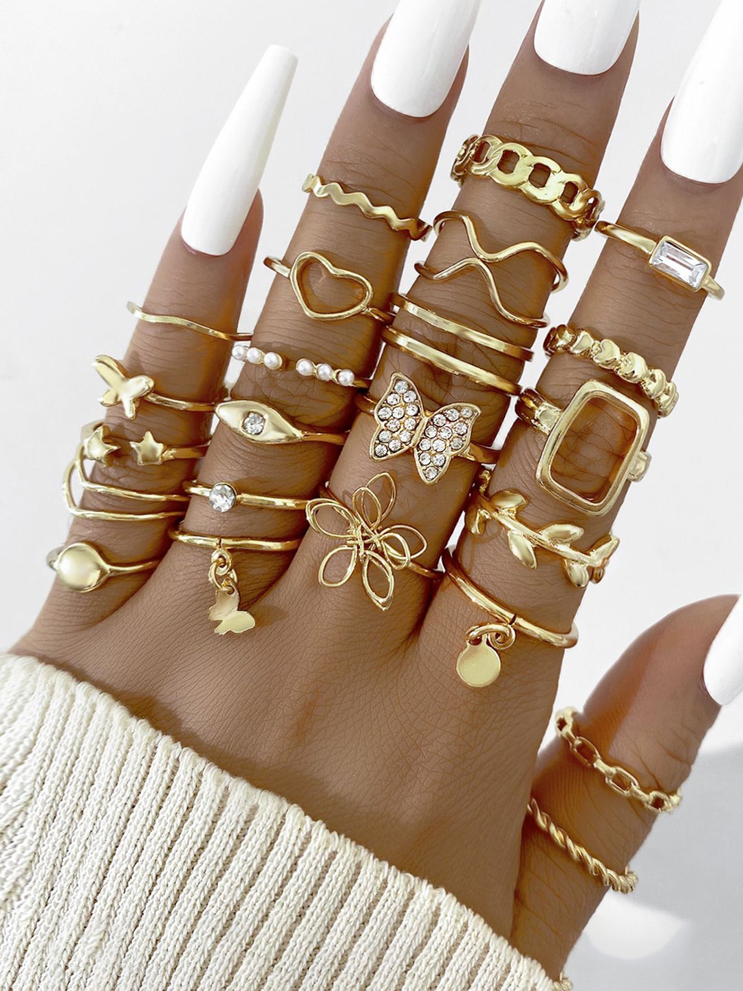 

Shining Diva Fashion Pack Of 23 Gold-Plated Crystals Studded Finger Rings