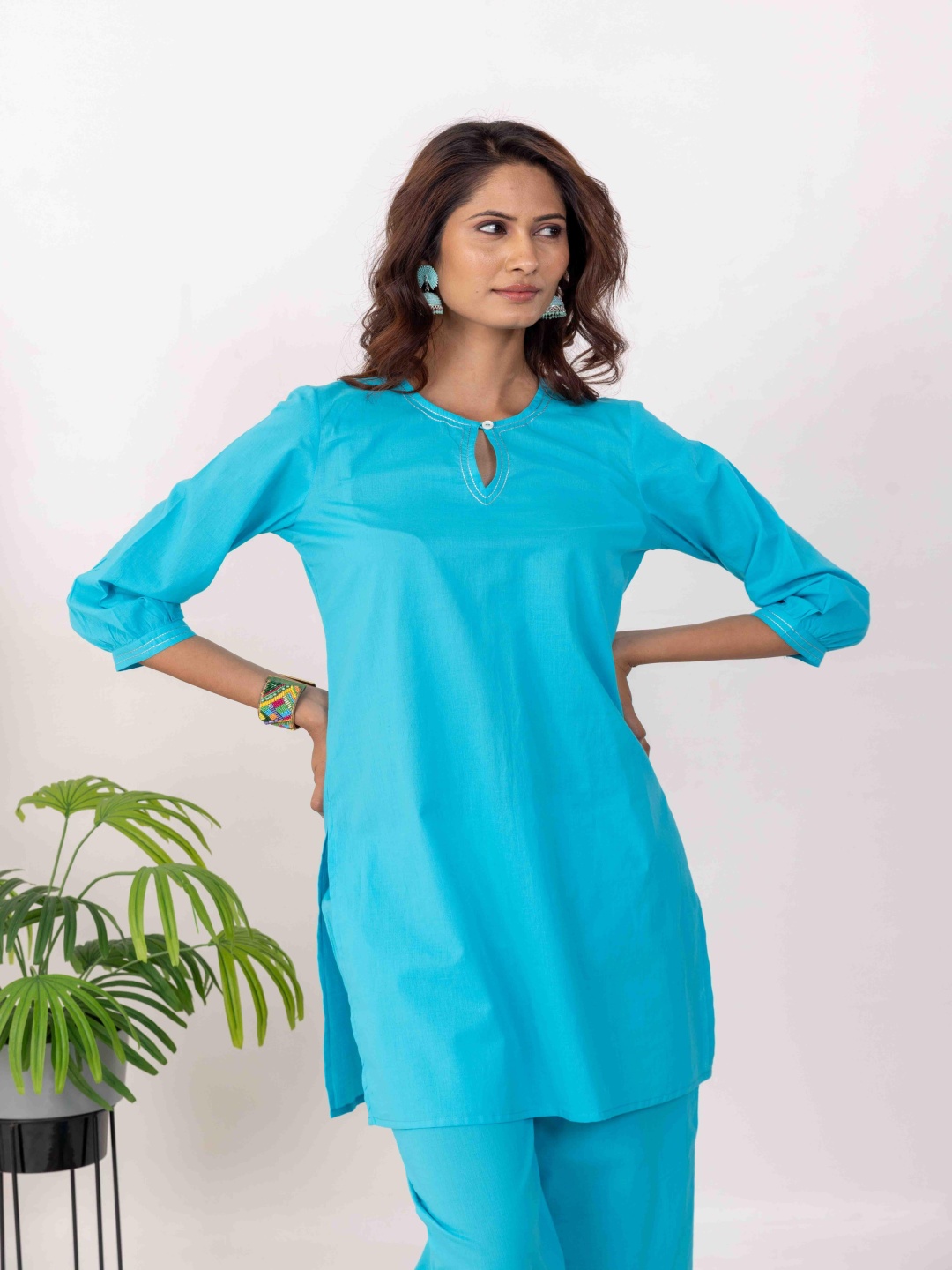 

INAAYA JAIPUR Keyhole Neck Pure Cotton Tunic & Palazzo, Blue