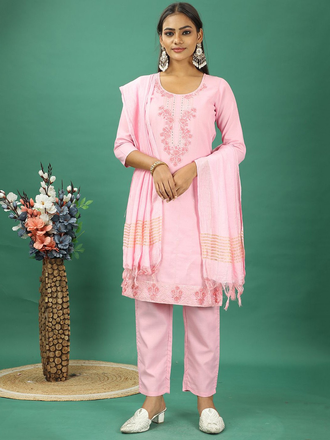 

Ethnovog Self Design Floral Sequence Embellished Notch-Neck Kurta With Trousers & Dupatta, Pink