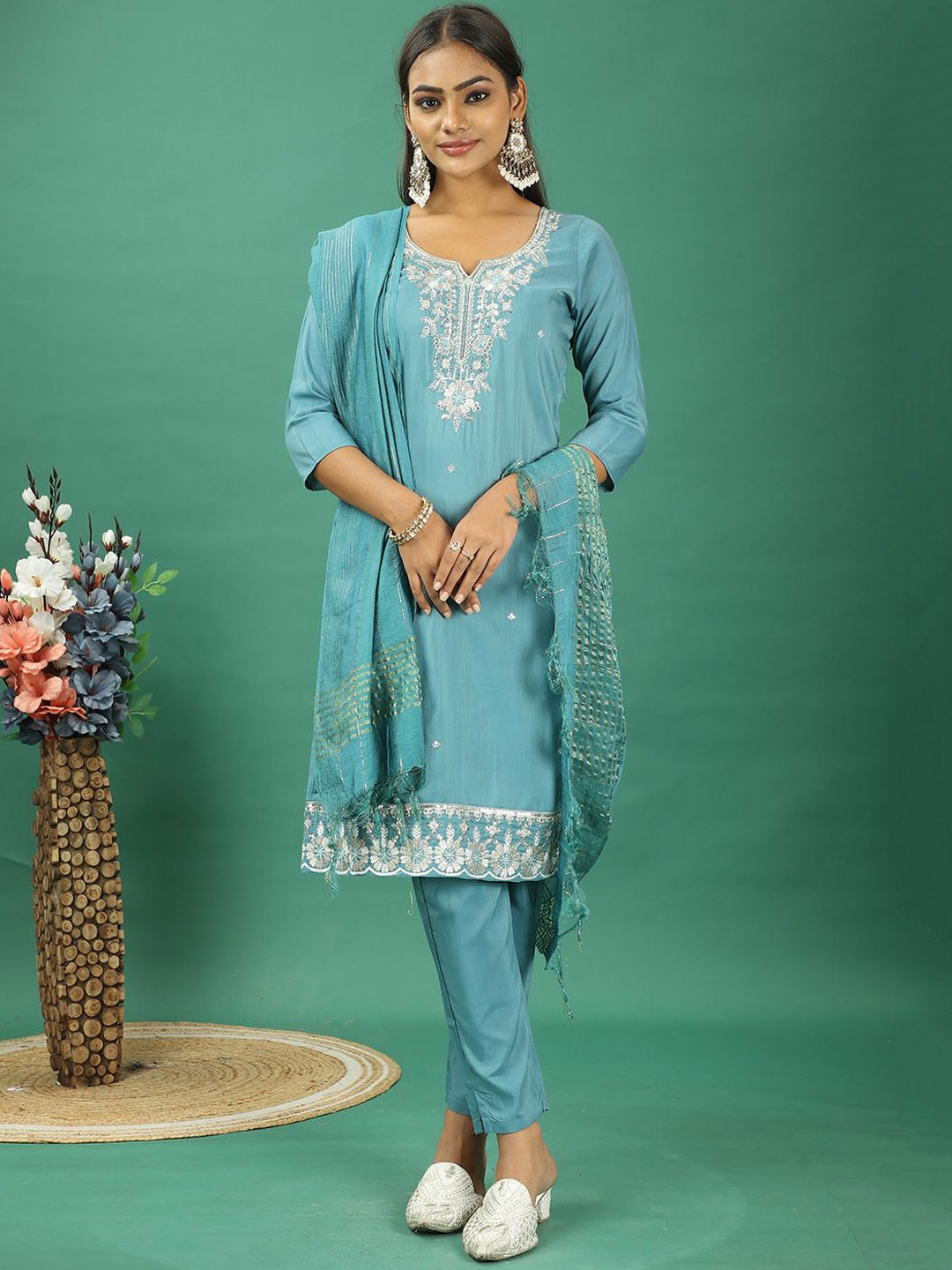 

Ethnovog Self Design Floral Sequence Embellished Notch-Neck Kurta With Trousers & Dupatta, Blue