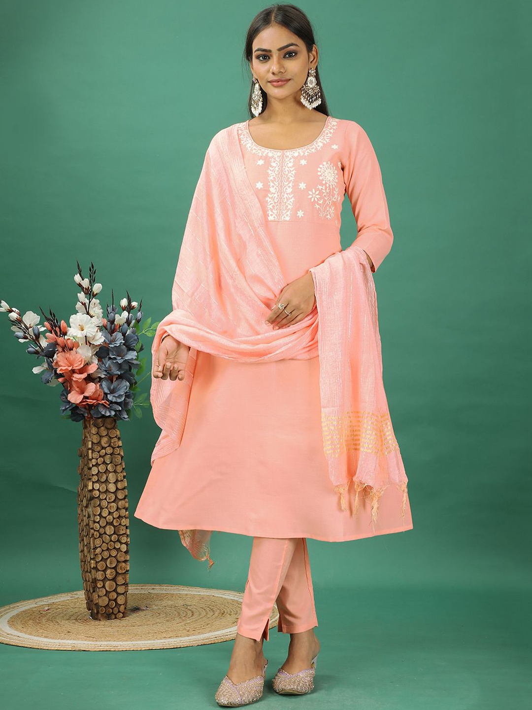 

Ethnovog Self Design Floral Thread Embroidered A-Line Kurta With Palazzo & Dupatta, Peach