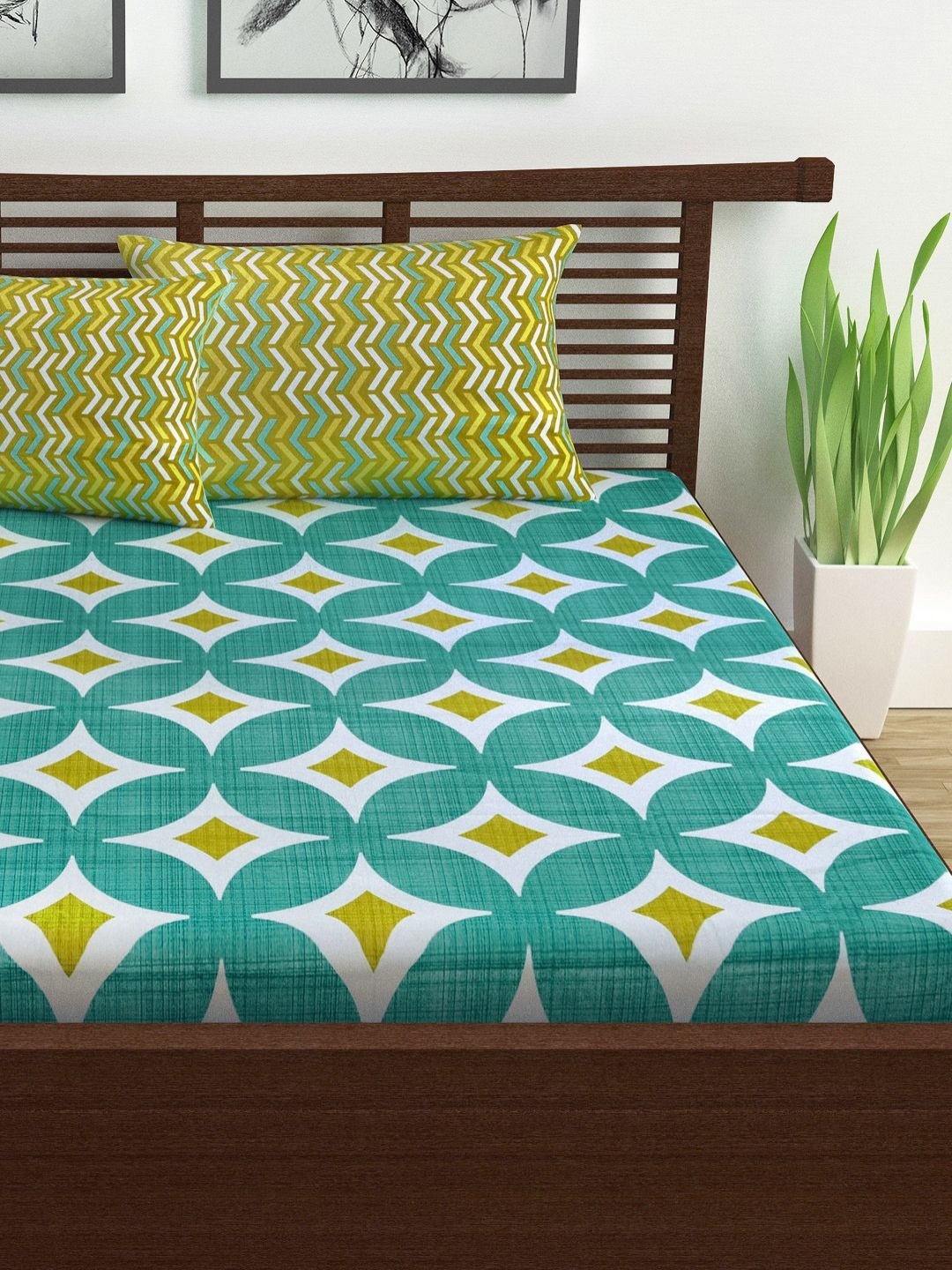 

Divine Casa Modern Teal Printed Pure Cotton 144 TC Queen Bedsheet Set-1.50 m x 2.25 m