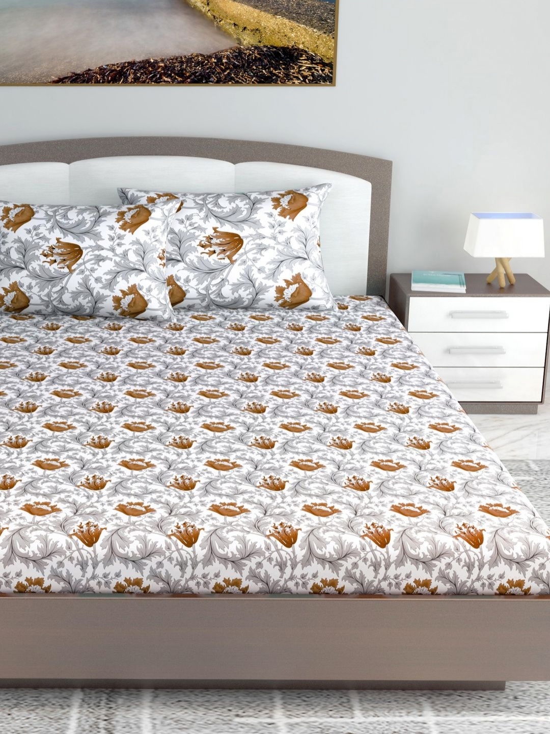 

Divine Casa Emeraled Grey Floral Pure Cotton 144 TC King Bedsheet Set- 1.85 m X 2 m