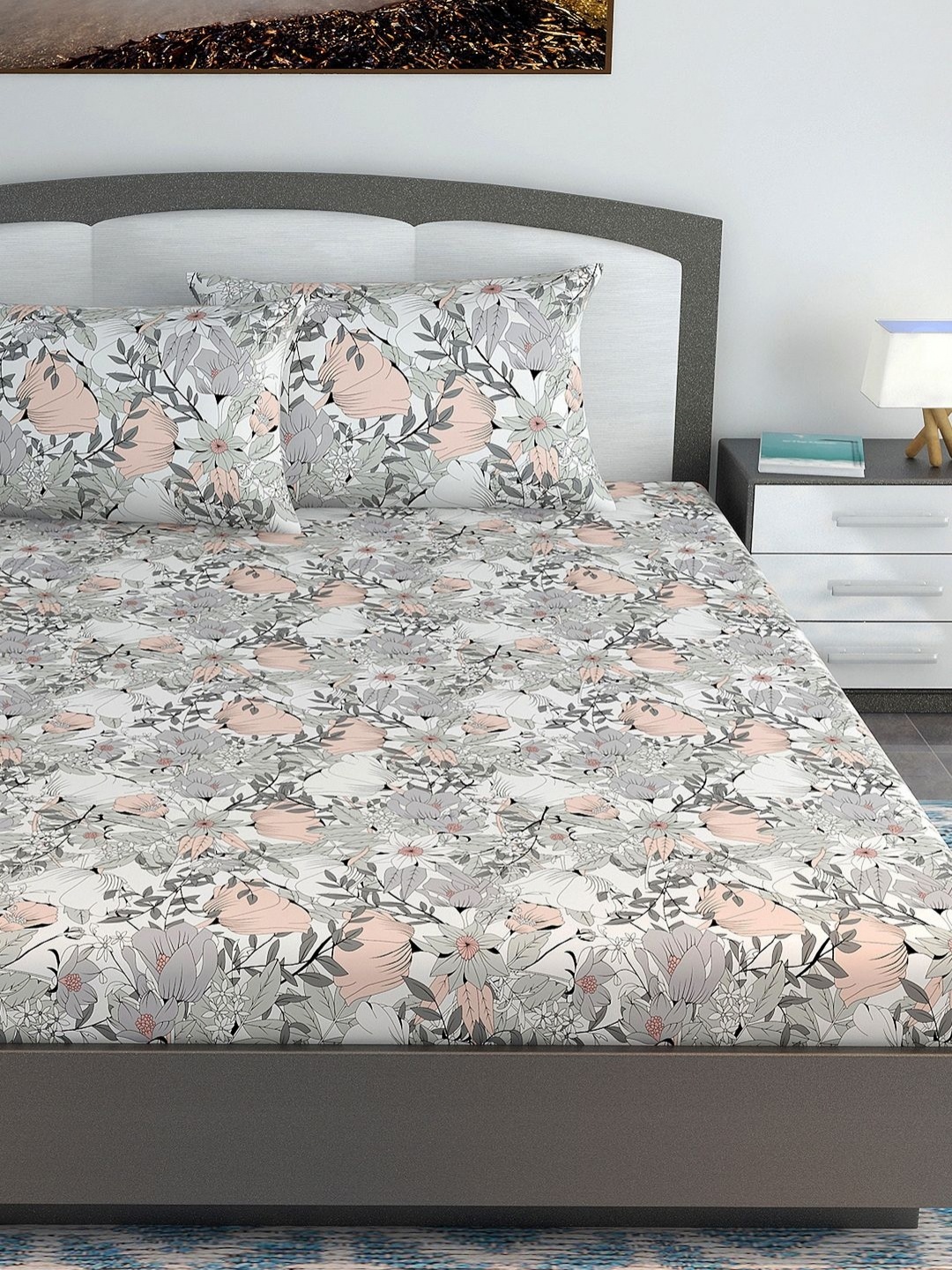 

Divine Casa Garden Bliss Grey Pure Cotton 144 TC King Bedsheet Set 1.85 m x 2.25 m