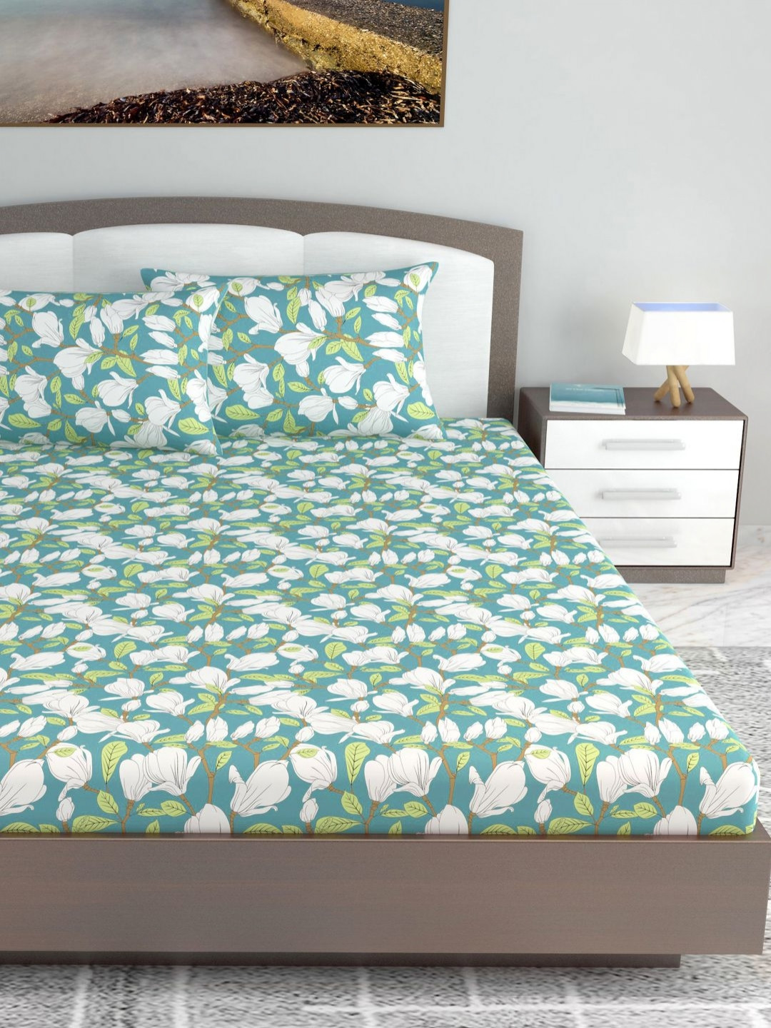 

Divine Casa Prism Teal Printed 144 TC Pure Cotton Fitted King Bedsheet Set-1.85 m x 2.25 m