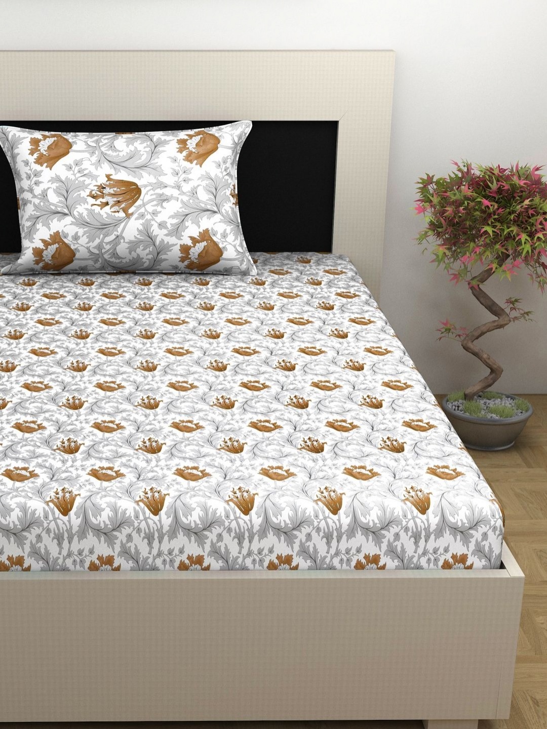 

Divine Casa Emeraled White Printed Pure Cotton 144 TC Single Bedsheet Set-0.90 m x 2.23 m