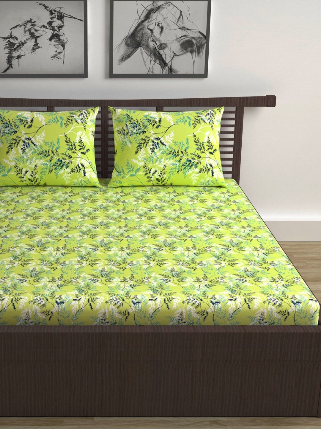 

Divine Casa Emeraled White Pure Cotton 144 TC King Bedsheet Set 1.50 m x 2.25 m, Lime green