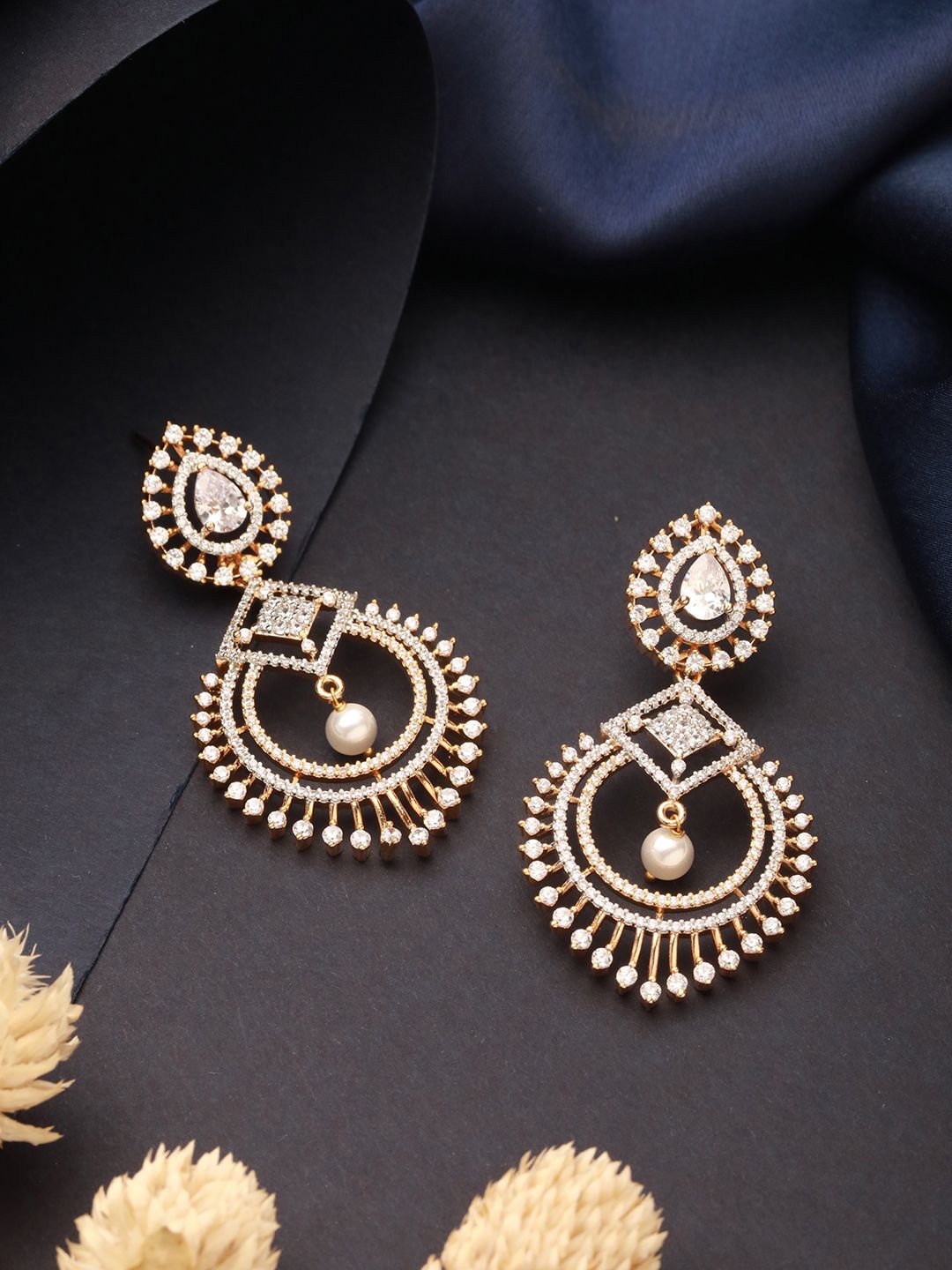 

Saraf RS Jewellery Gold-Plated American Diamond Stones Studded Contemporary Drop Earrings