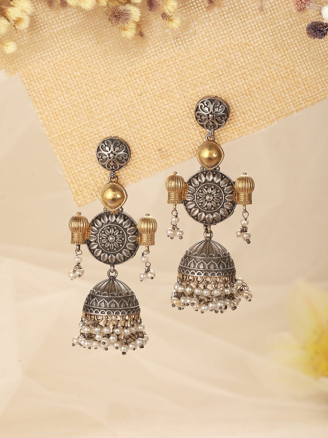 

Saraf RS Jewellery Silver-Plated Pearls Beaded Dome Shaped Jhumkas