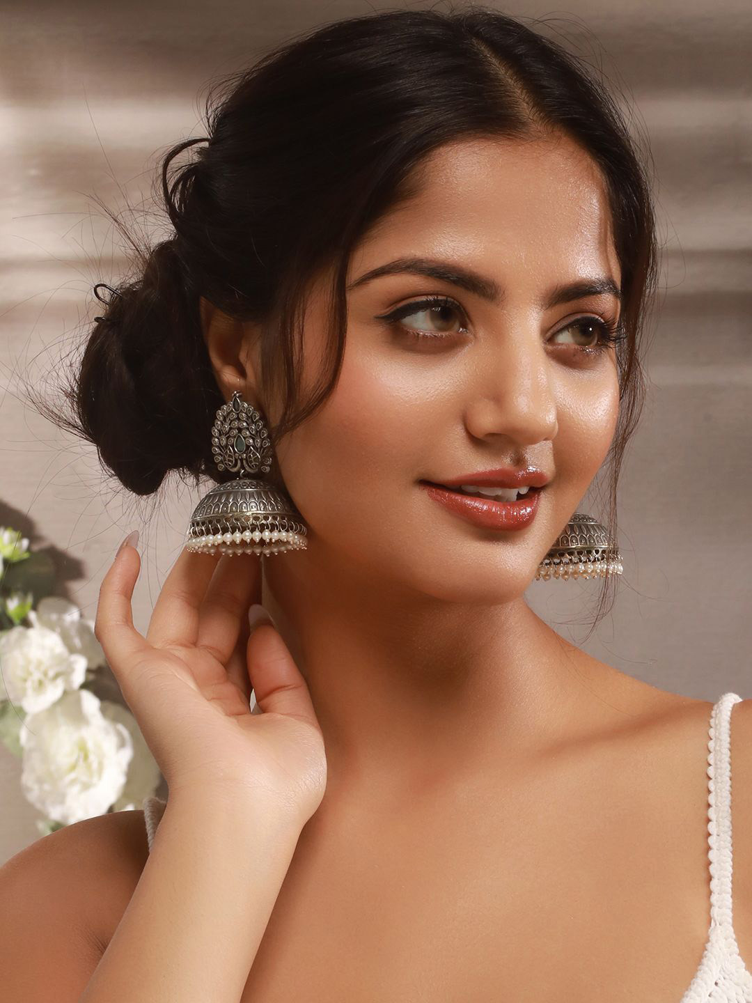 

Saraf RS Jewellery Silver-Plated Pearls Beaded Dome Shaped Jhumkas