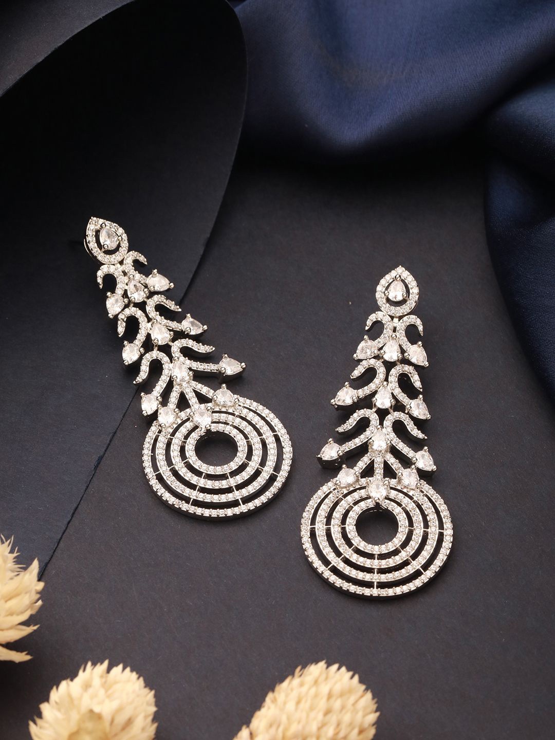 

Saraf RS Jewellery Silver-Plated American Diamond Studded Contemporary Drop Earrings