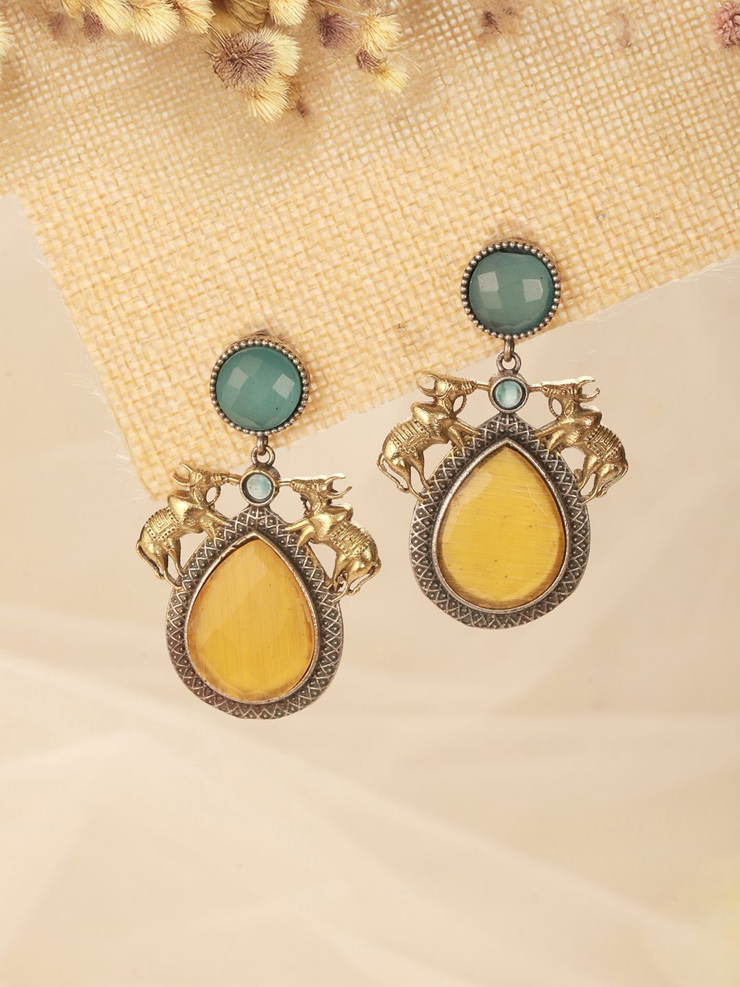 

Saraf RS Jewellery Silver-Plated Artificial Stones Studded Teardrop Shaped Drop Earrings, Yellow