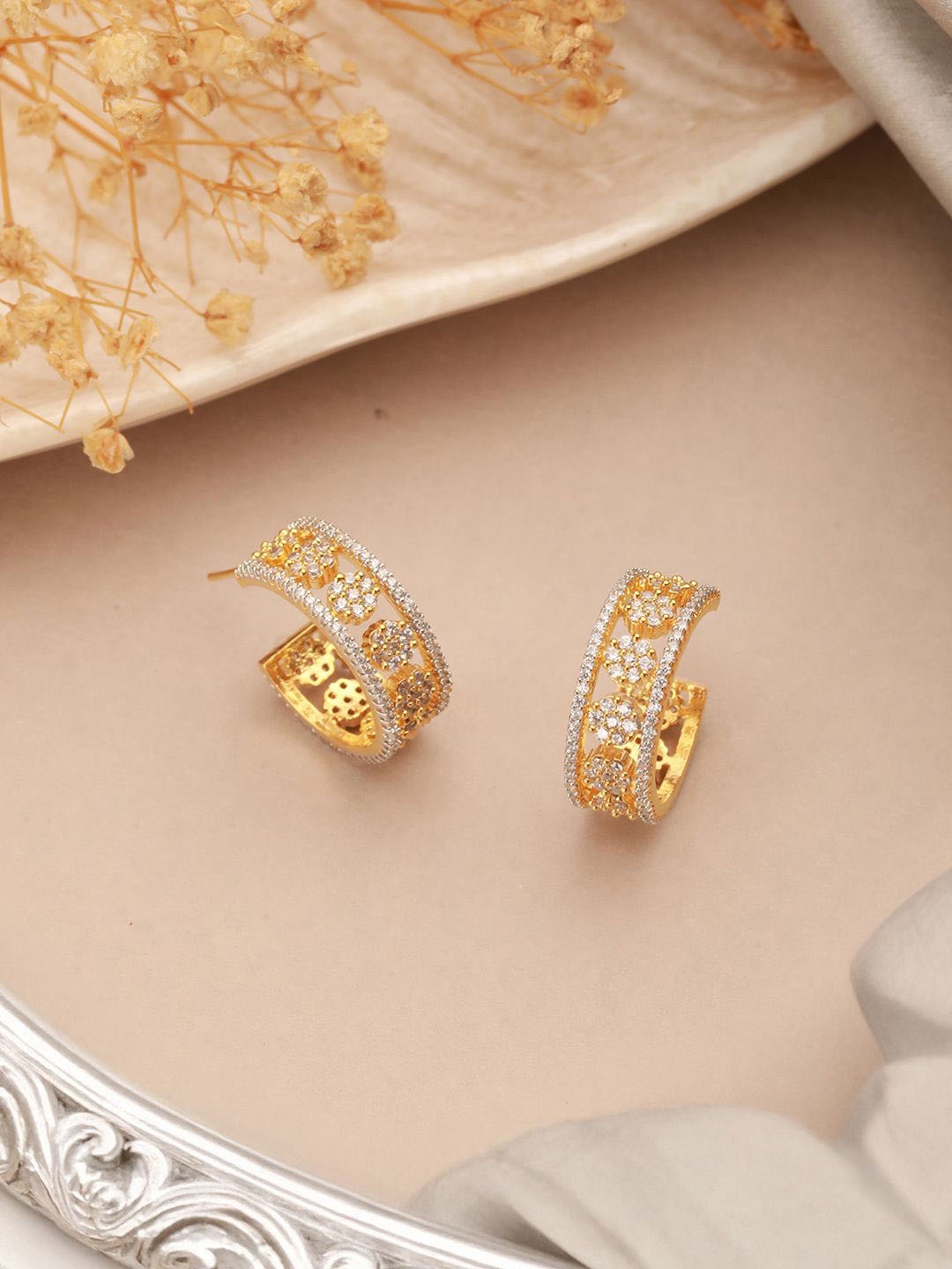 

Saraf RS Jewellery Gold-Plated American Diamond Studded Crescent Shaped Half Hoop Earrings