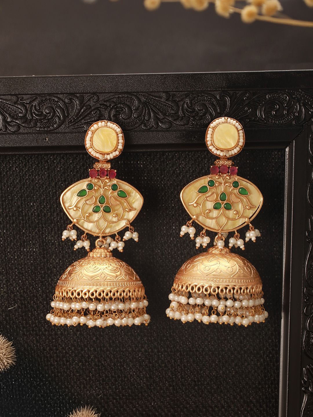 

Saraf RS Jewellery Gold-Plated Pearls Beaded Dome Shaped Jhumkas