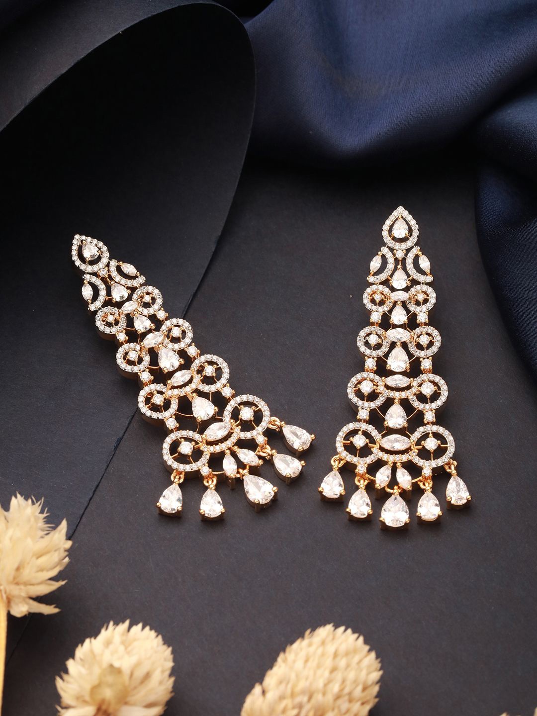 

Saraf RS Jewellery Gold-Plated American Diamond Studded Contemporaray Shaped Drop Earrings