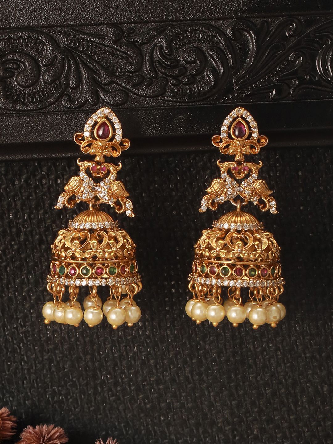 

Saraf RS Jewellery Gold-Plated American Diamonds Studded And Beaded Dome Shaped Jhumkas