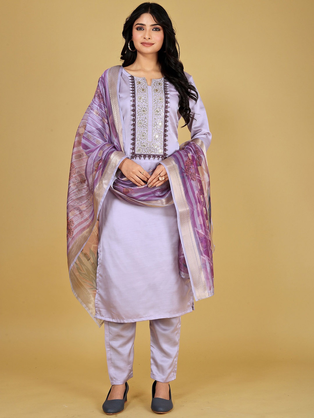

BANJANAN Floral Embroidered Sequins Work Pure Silk Kurta With Trouser And Dupatta, Purple