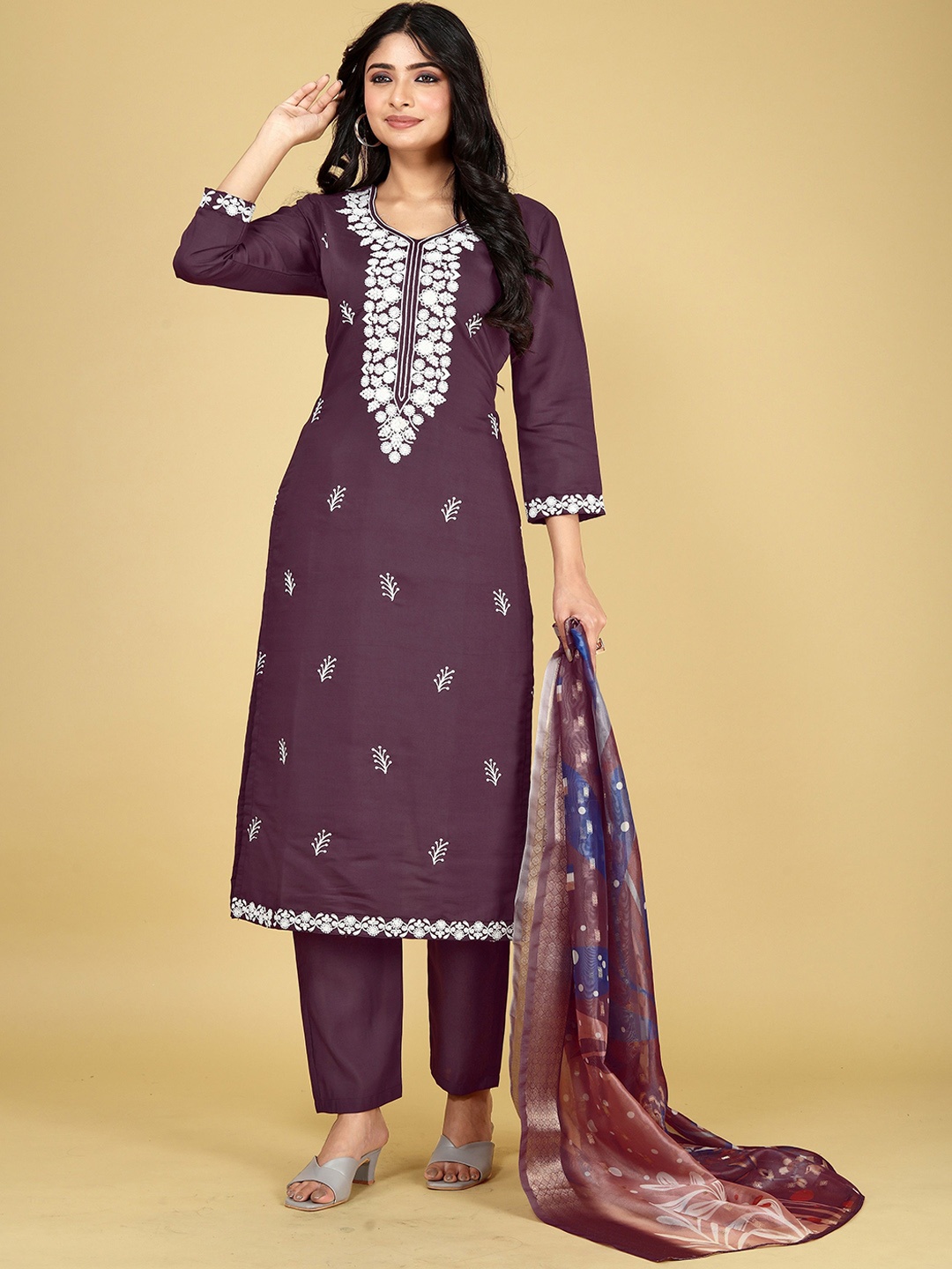 

BANJANAN Floral Embroidered Thread Work Pure Silk Straight Kurta with Trouser And Dupatta, Brown