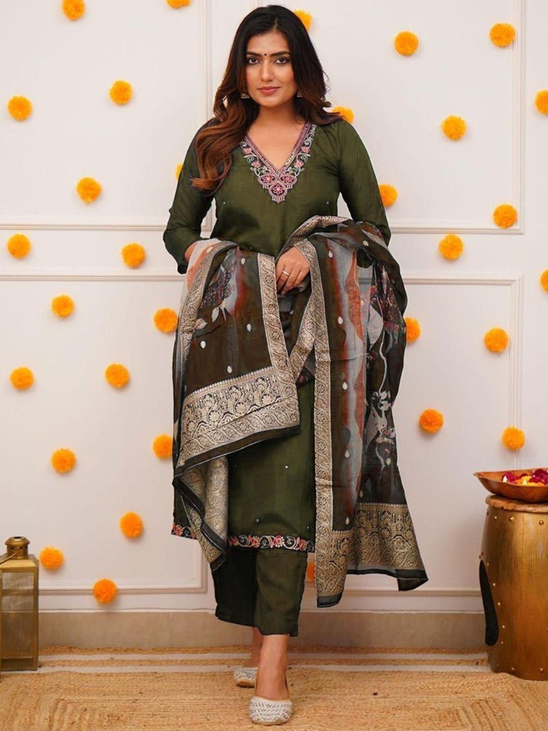 

Blue Wish Floral Embroidered Straight Kurta with Palazzo and Dupatta, Olive