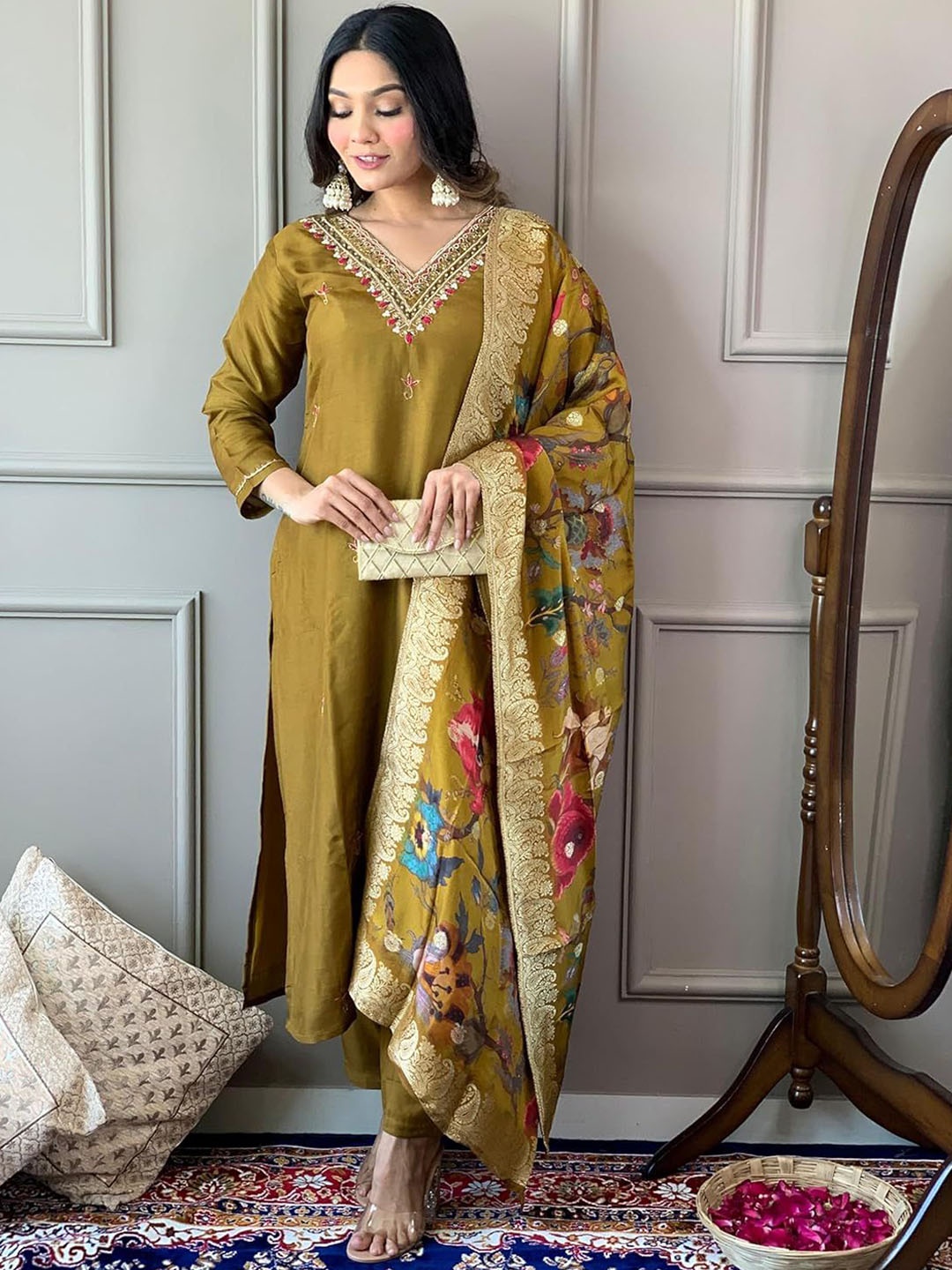 

Blue Wish Floral Embroidered Thread Work Chanderi Silk Kurta With Trousers And Dupatta, Yellow