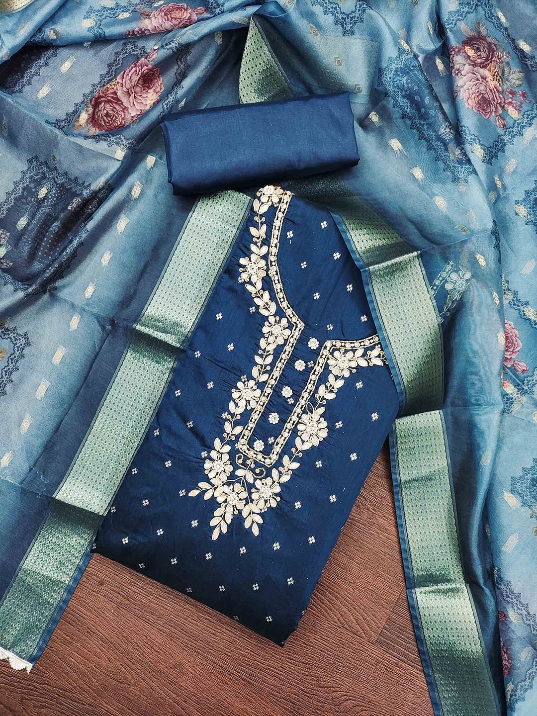 

KIMISHA Embellished Unstitched Dress Material, Blue