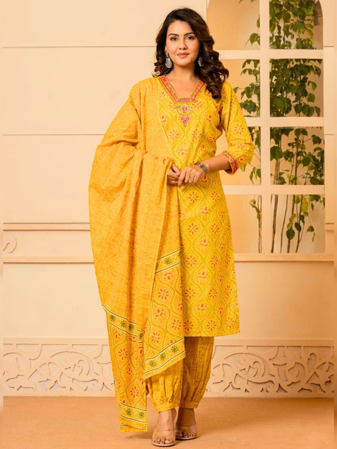 

Atha Fashion Women Bandhani Printed Regular Mirror Work Pure Cotton Kurta with Trousers & With Dupatta, Yellow