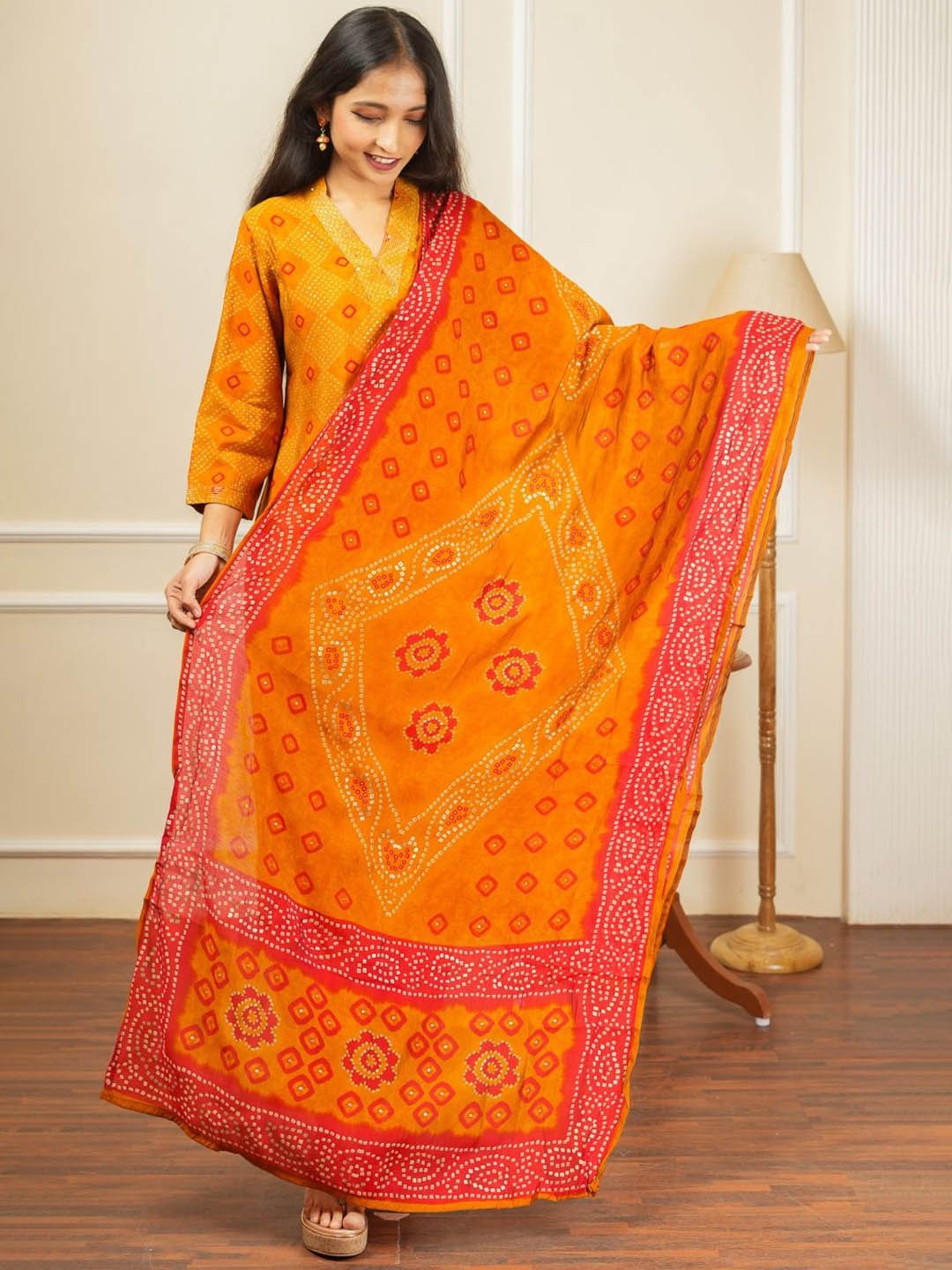Atha Fashion Women Bandhani Printed Regular Mirror Work Kurta with Trousers & With Dupatta, Yellow