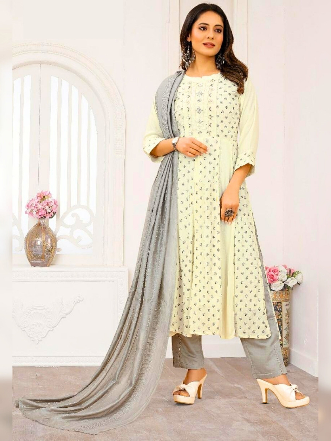 

Atha Fashion Women Printed Empire Mirror Work Kurta with Trousers & With Dupatta, White