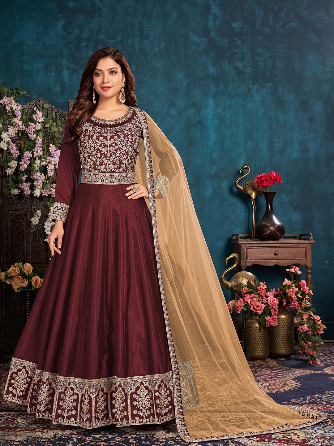 

KSM PRINTS Embroidered Art Silk Semi-Stitched Dress Material, Maroon