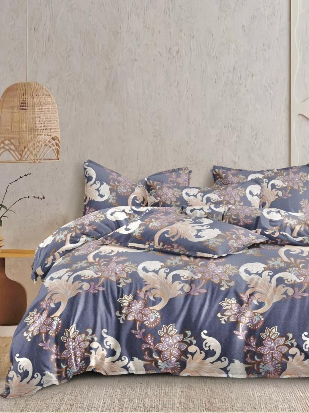 

Banchmark Home Furnishings Blue & Brown Floral 200 TC King Bedsheet with 2 Pillow Covers