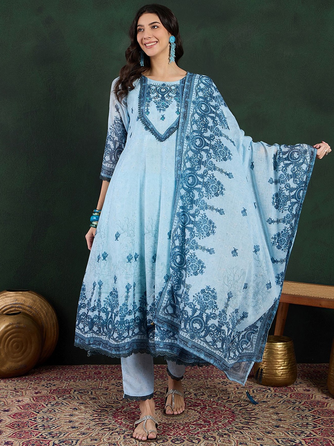 

Sangria Embroidered Pure Cotton Kurta With Palazzo & Dupatta, Blue