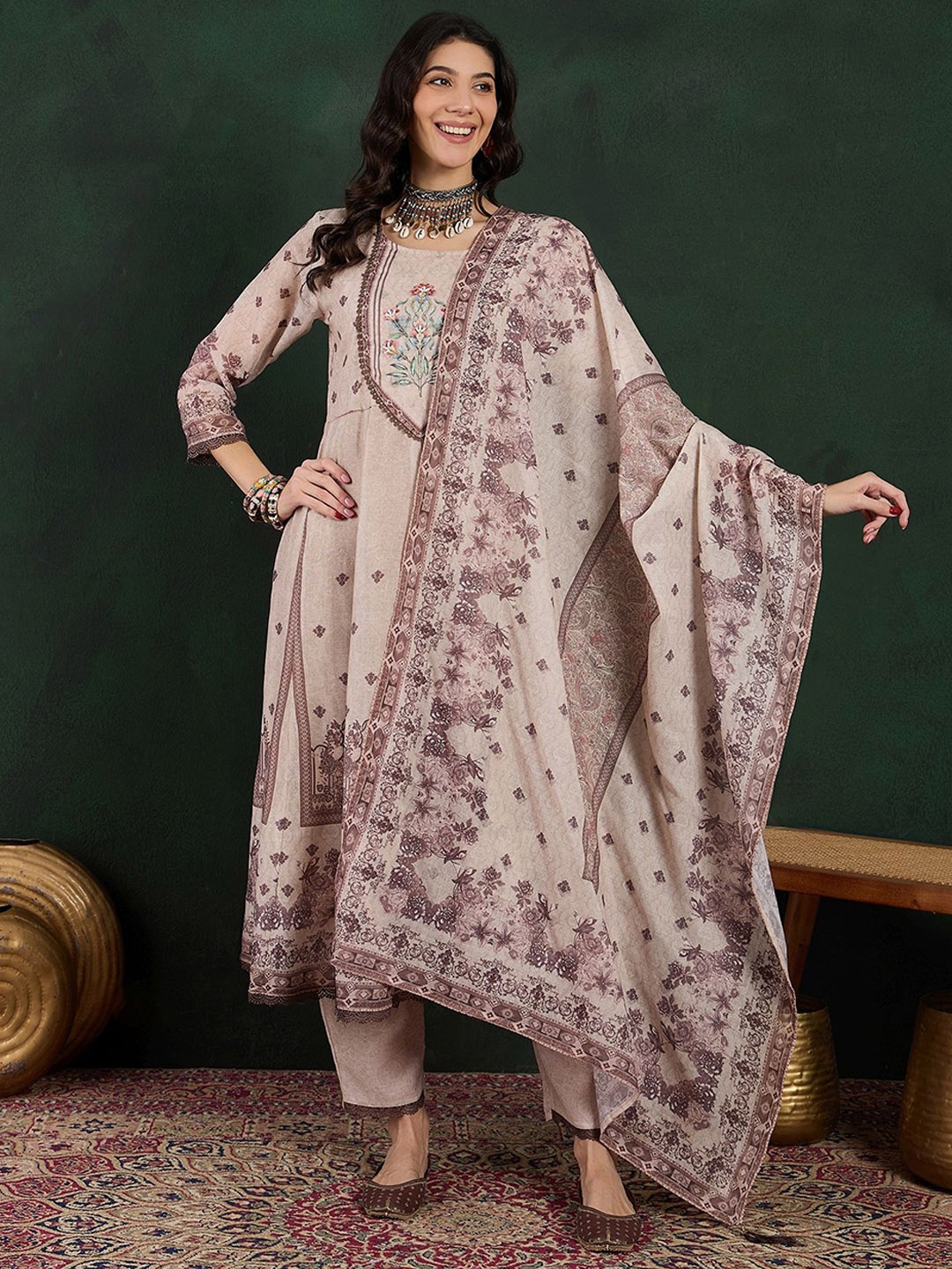 

Sangria Embroidered Pure Cotton Kurta With Palazzo & Dupatta, Peach