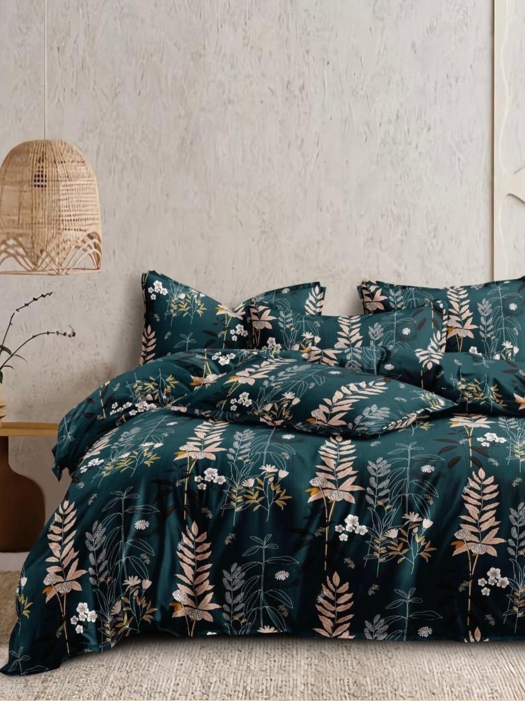 Banchmark Home Furnishings Green & Brown Floral 200 TC King Bedsheet with 2 Pillow Covers