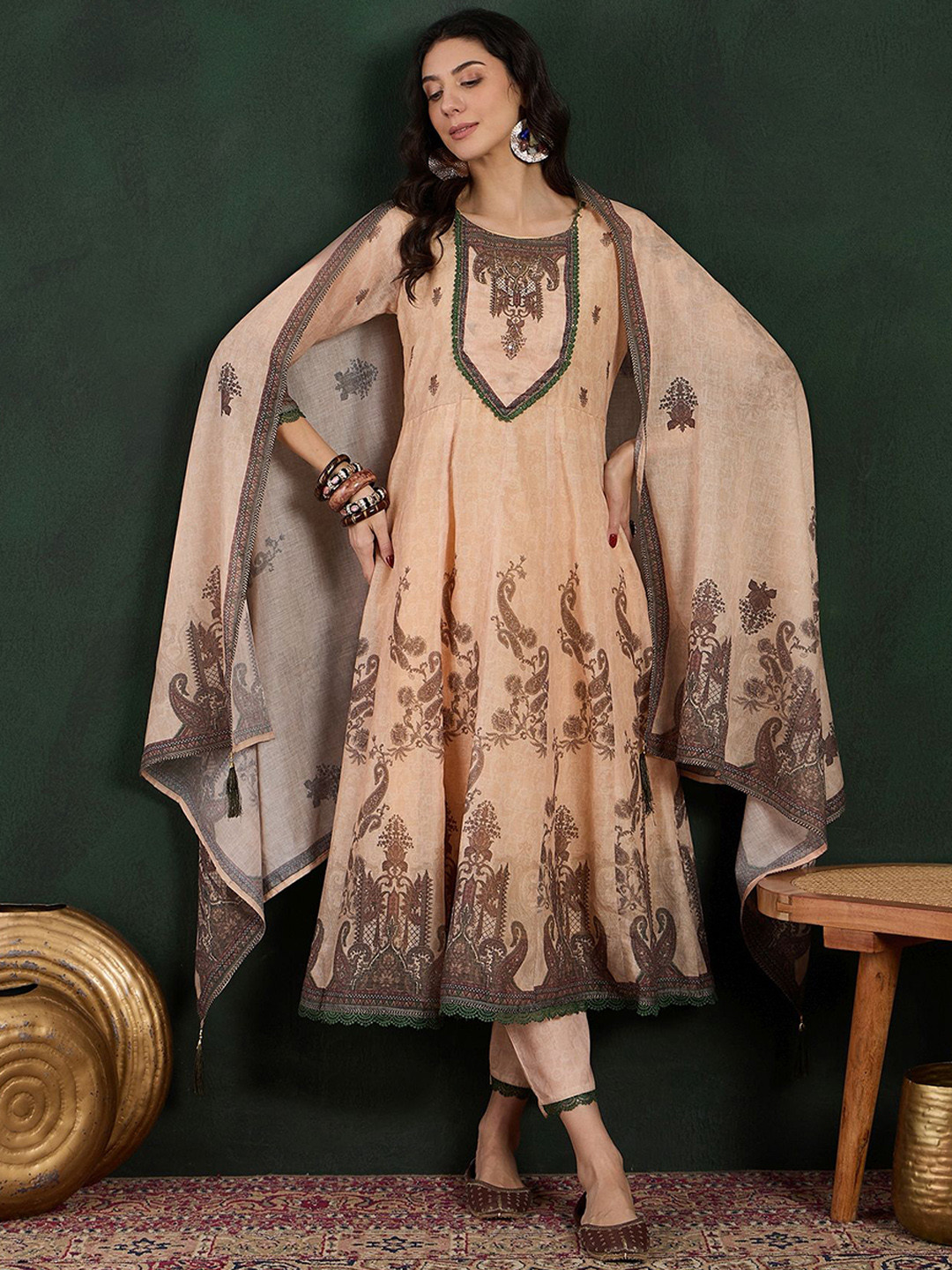 

Sangria Embroidered Pure Cotton Kurta With Palazzo & Dupatta, Beige