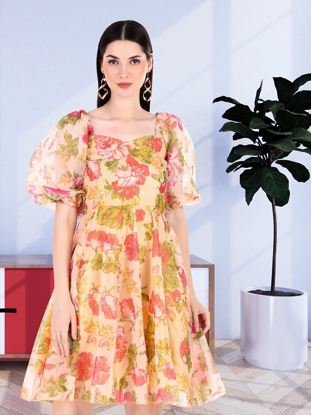 Magnetism Women Pure Organza Floral Printed Short Dress with Linning and Sweetheart Neck, Beige