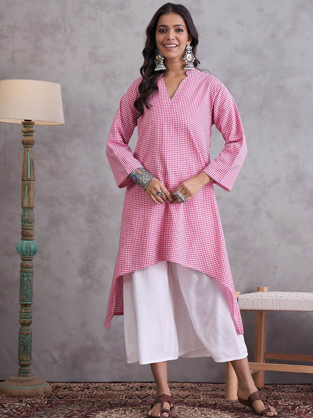 

InWeave Women Embroidered Regular Pure Cotton Kurta with Palazzos, Pink