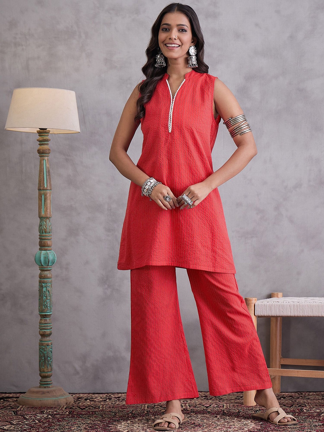 

InWeave Striped Pure Cotton Mandarin Collar Neck Top With Trouser Co-Ords, Red
