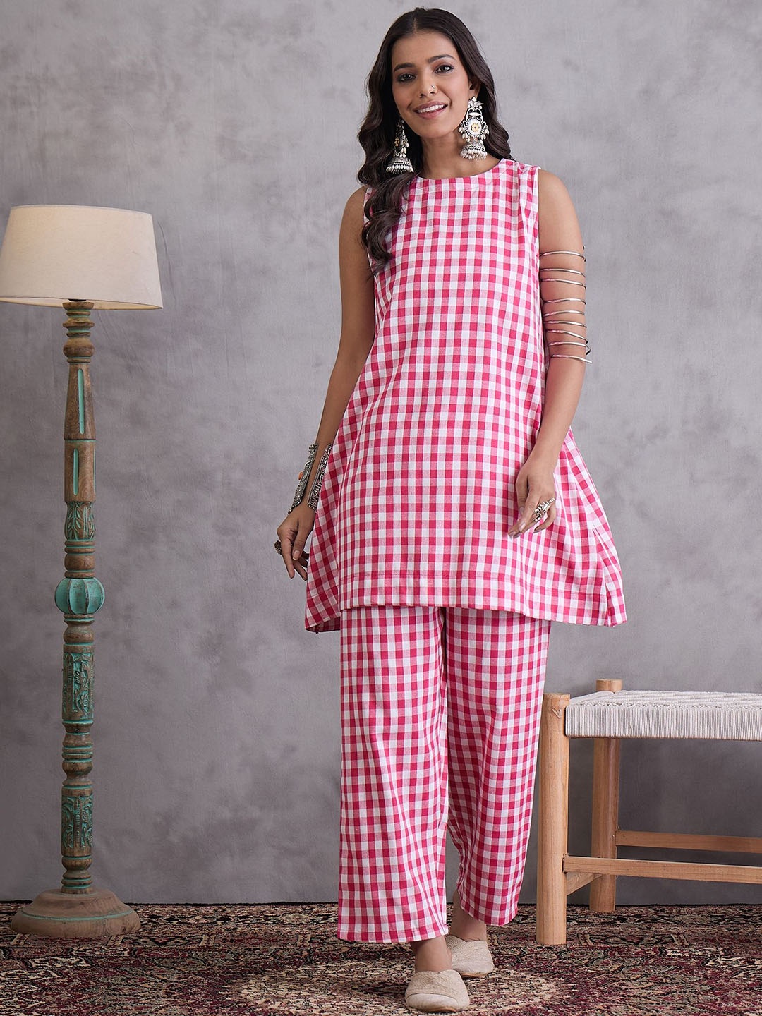 

InWeave Checked Pure Cotton Round Neck Tunic With Trousers Co-Ords, Pink