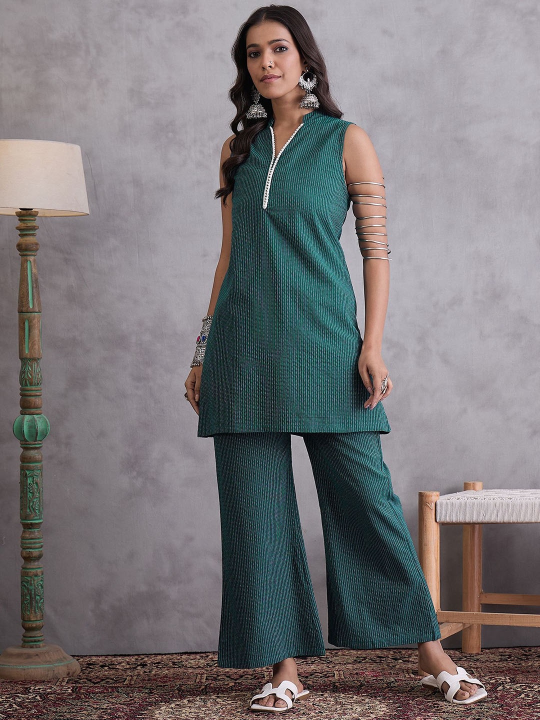 

InWeave Striped Pure Cotton Mandarin Collar Neck Top With Trousers Co-Ords, Green