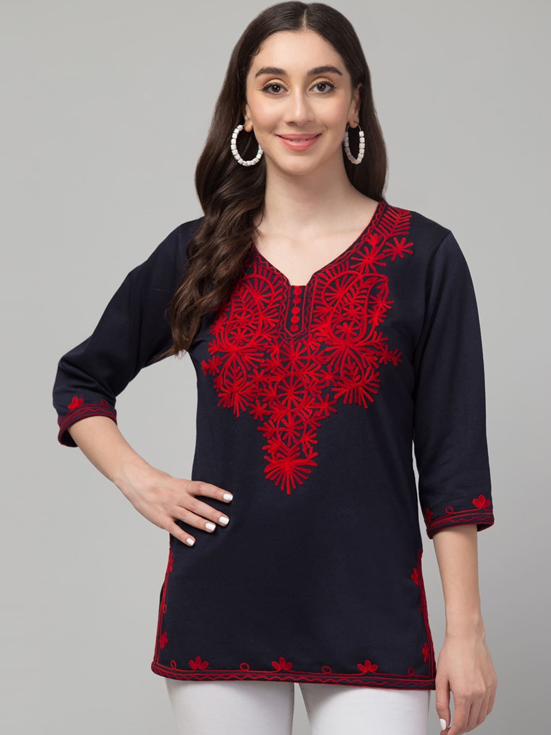 

FAMBEE Women Woollen Kurta, Navy blue