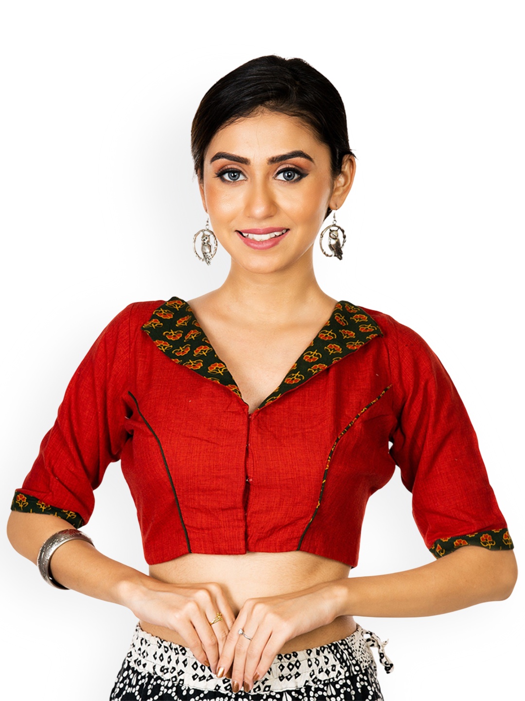 

JalpaiBon Printed V Neck Saree Blouse, Red