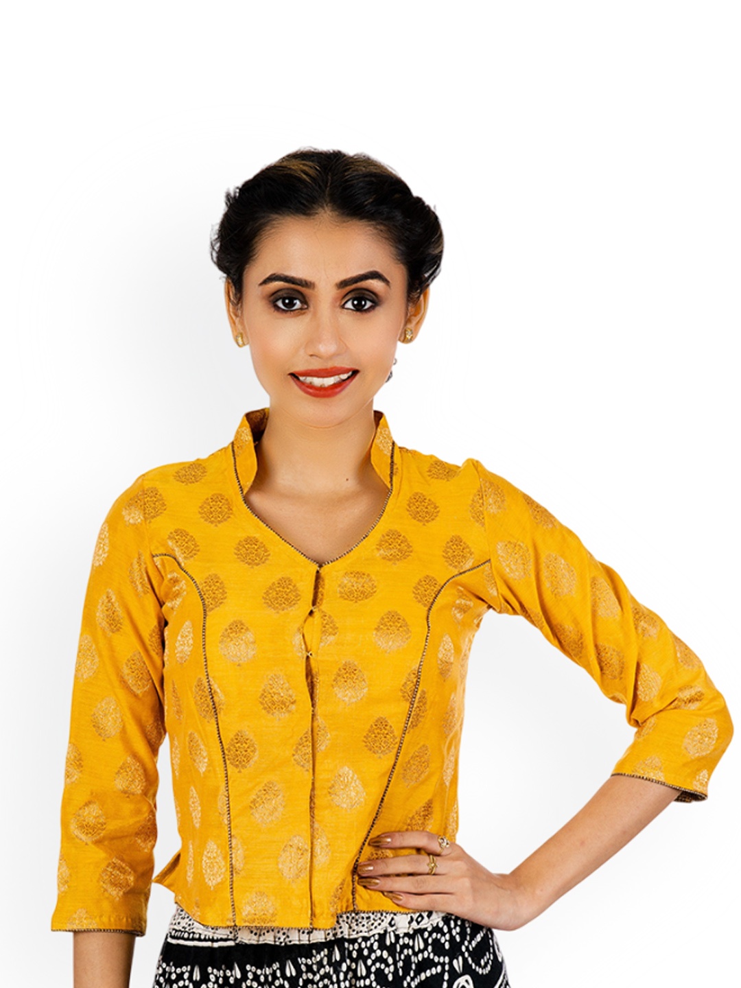 

JalpaiBon Woven-Design Saree Blouse, Yellow