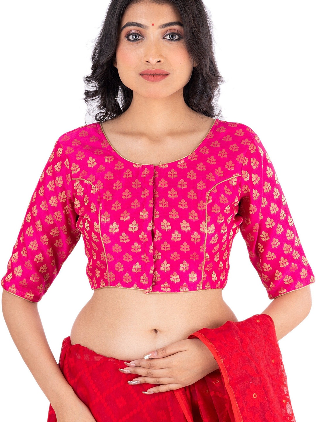 

JalpaiBon Printed U Neck Saree Blouse, Pink