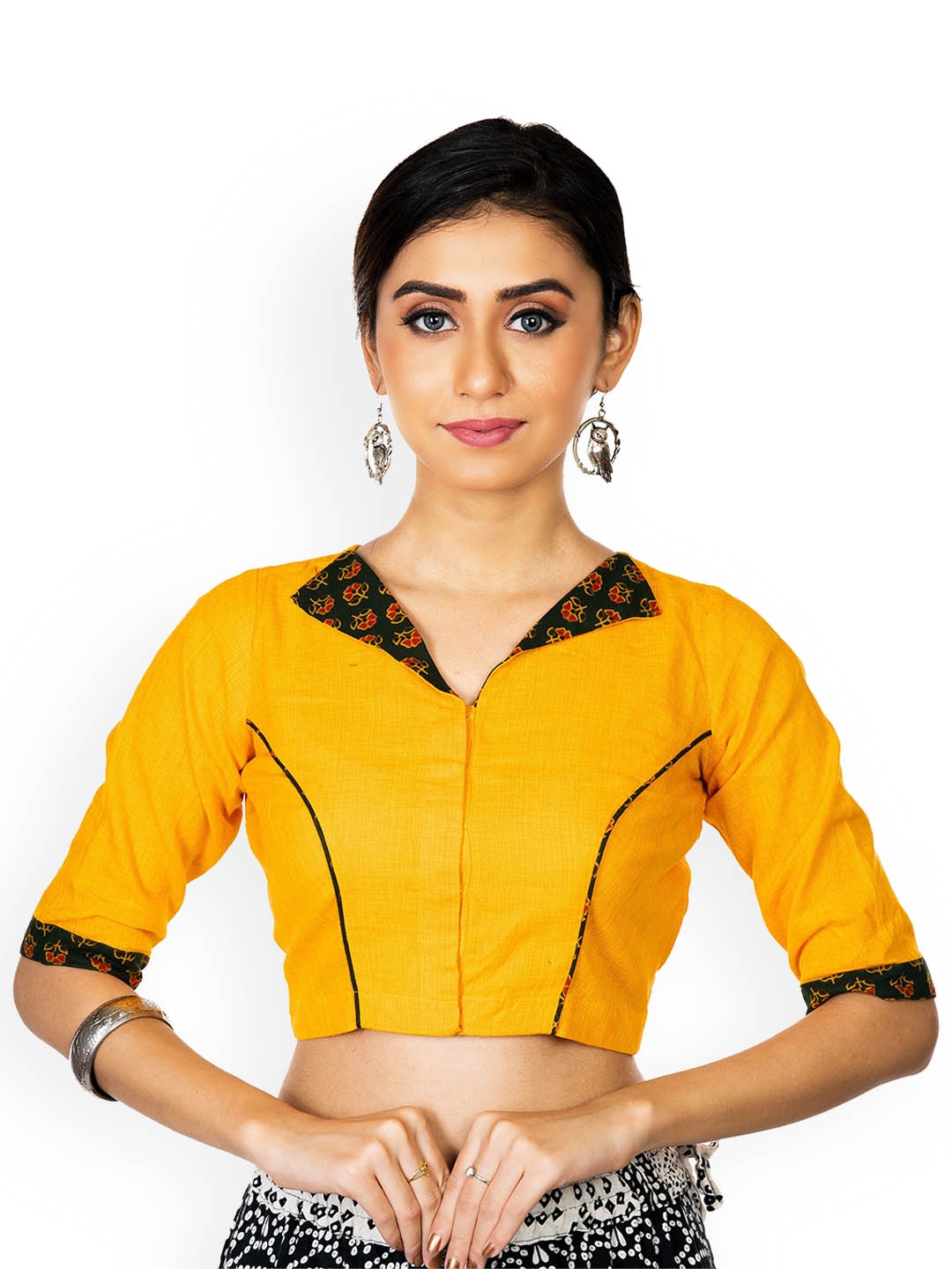 

JalpaiBon Printed Cotton V Neck Saree Blouse, Yellow