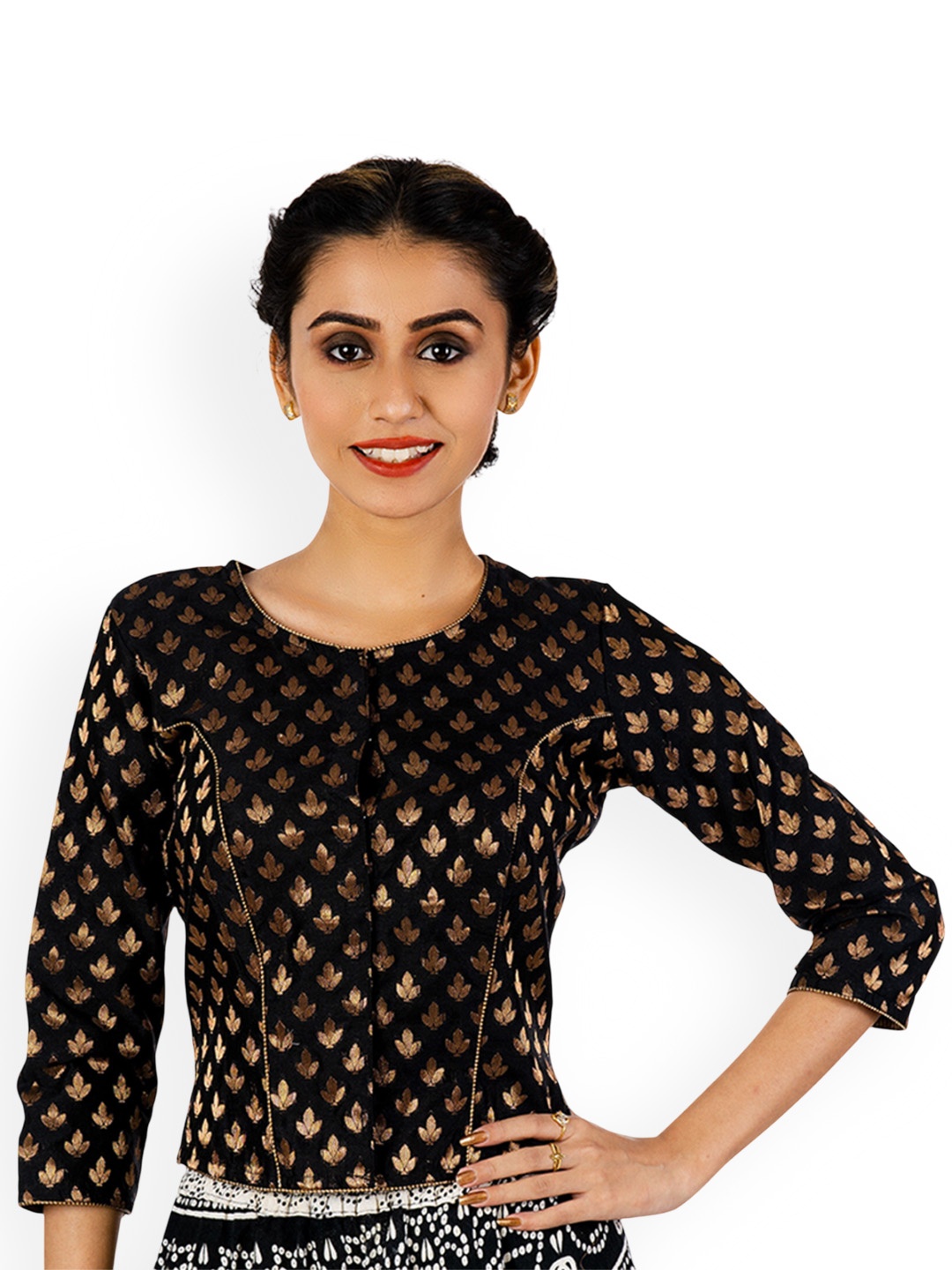 

JalpaiBon Printed Round Neck Saree Blouse, Black