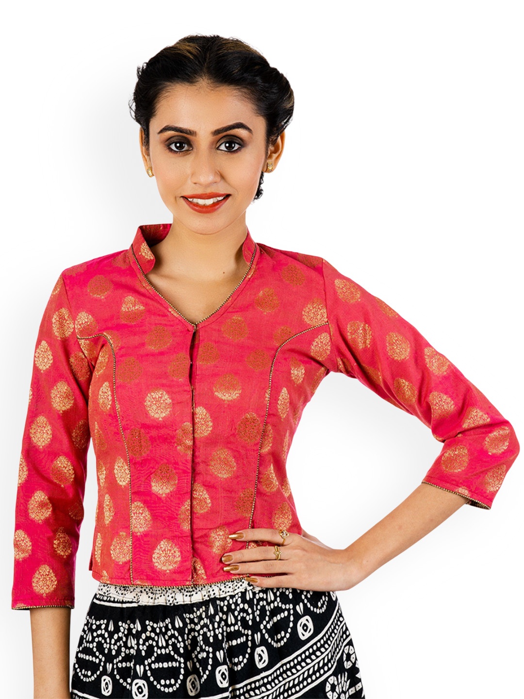 

JalpaiBon Printed Band Collar Neck Saree Blouse, Pink