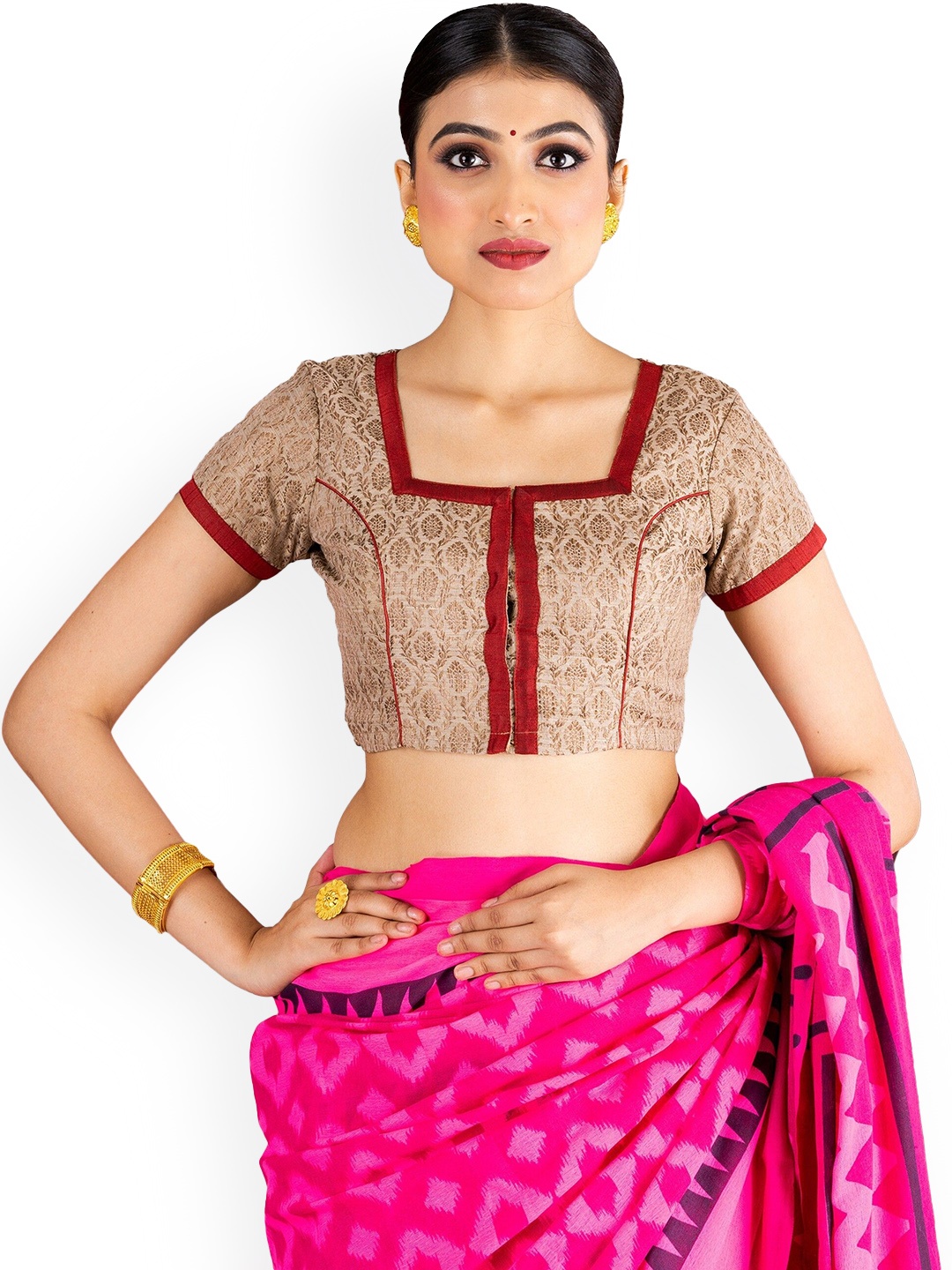 

JalpaiBon Printed Square Neck Saree Blouse, Beige